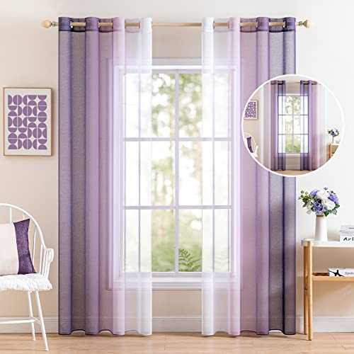 MIULEE 2er Set Voile Vorhang Zweifarbiger Vorhang mit Ösen Transparente Gardine Ösenschal Fensterschal Lichtdurchlässig für Schlafzimmer, 140x215cm, Weiß Lila
