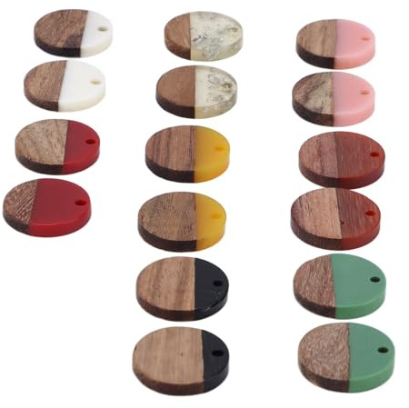 16 Stück Harz-Holz-Charms, zweifarbig, runde Charms, Anhänger, Schmuck, Anhänger, Zubehör für Geburtstagsfeier, Halskette, Armband, Ohrring, DIY-Zubehör