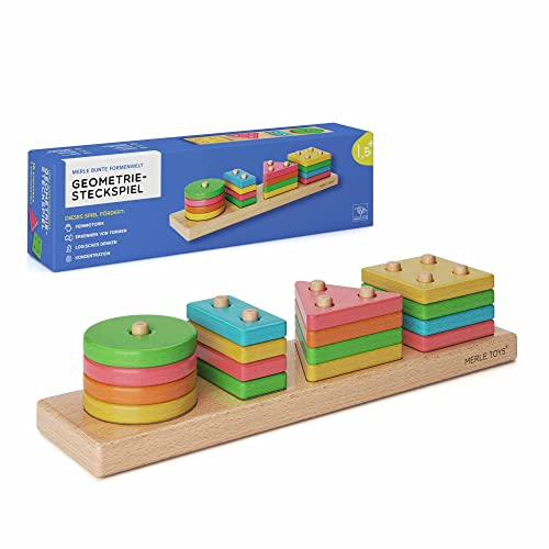 Merle Toys® Steckspiel Ab 1 Jahr, Vielseitiges Formen Sortierspiel Ab 2 Jahre, Robustes Holz Montessori Spielzeug, Stapelspiel Aus 100% Buchenholz