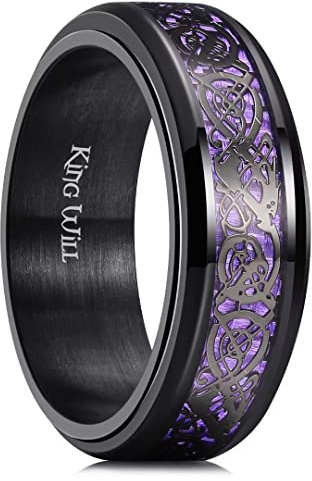 King Will Schwarzer Fidget Ring Keltischer Drachen Spinner Ring Edelstahlring mit blauem/rotem/lilaem Kohlefaser-Inlay, 8mm Angstring für Männer und Frauen