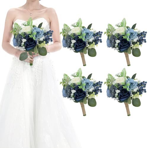 HOMENERGY Set of 4 Bridesmaid Bouquets for Wedding - 7 Inch Artificial Flowers Bouquets for Ceremony Anniversary Centerpieces Decorations - Navy Blue and White