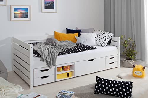TiCAA Einzelbett Sofabett Funktionsbett, Naomi mit Schubkasten für Schlafzimmer, Kinderzimmer Kiefer Massivholz Bettgestell 120 x 200 cm