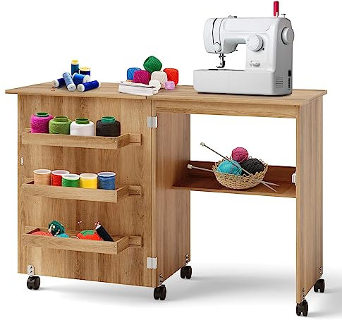 GYMAX Mobile per Macchina da Cucire, Tavolo Cucito Pieghevole Richiudibile, con Ripiani Portaoggetti e 5 Ruote, 118,5 x 40 x 79,5 cm (Marrone)