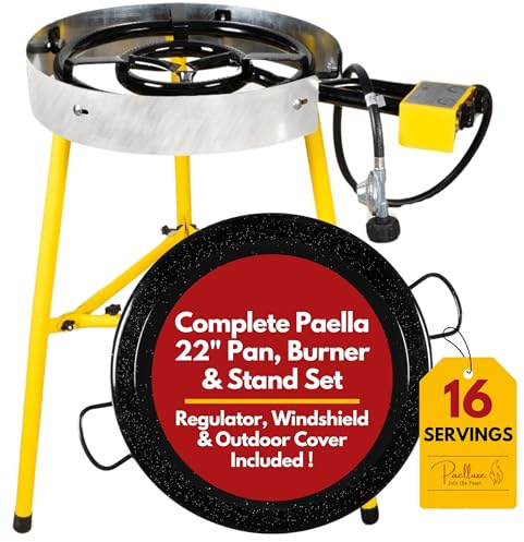 Grehge omplete Paella Pan Burner & Stand Set - Double Propane Burners, 22 Inch Pan Set - Outdoor Gas Stove - Portable Cooking - Wok Burner, Table Top Burners - Camping Grill, Backyard & Patio Stove | Dual Burner Rings, Individual Heat Control, Windshield & Outdoor Cover Included, CE Certified, Ready to Use Complete Set