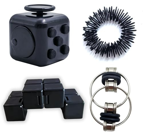 Steemjoey 4Pcs Nero Fidget Pack Giocattoli Set per Adulti Bambini, Cubo Antistress Infinity Cube Flippy Chain & Anelli Sensoriali a Punta, Riduttore di Stress Compleanno Regalo di Natale per ADD ADHD