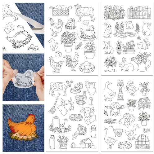 GLOBLELAND 4 Blatt Farmhouse Wasserlösliche Handnähstabilisatoren Für Stoff Huhn Ente Kaninchen Kuh Stickerei Stichübung EStickmuster Transfers Für Stickanfänger Liebhaber