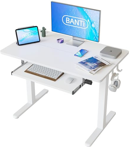 BANTI 40 x 24 Height Adjustable Electric Standing Desk with Keyboard Tray, Sit Stand up Desk with Splice Board, White Frame/White Top