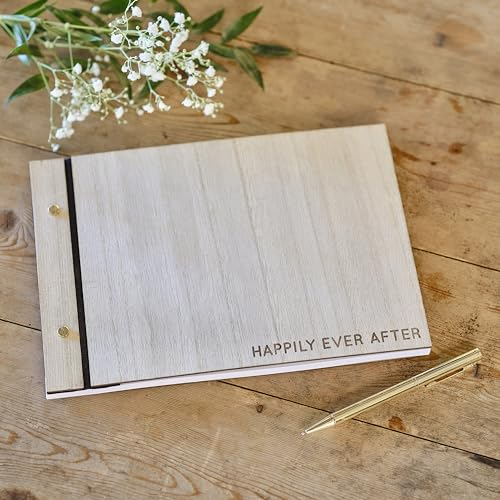 Ginger Ray Wooden 'Happily Ever After' Wedding Guest Book with 32 Blank Pages