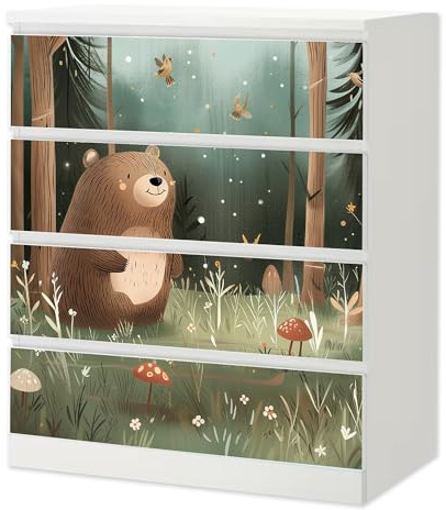 Möbelfolie Kleiner Bär passend für Ikea Malm Kommode 4 Schubladen Deko | Selbstklebende Schrankfolie für glatte Schubladenfronten Klebefolie Kinderzimmer Schlafzimmer DIY Upcycling 4 Schubladen