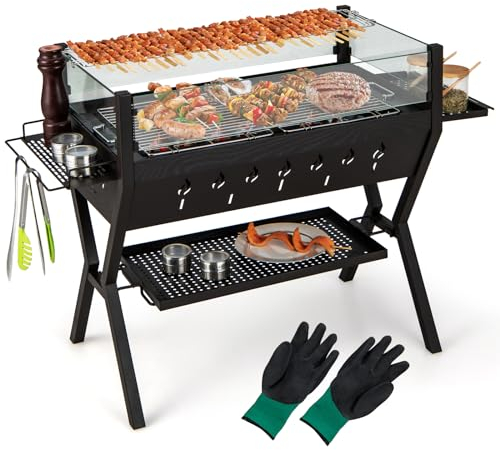 COSTWAY 2-in-1 Barbecue Grill, Metal Large Fire Pit with Glass Wind Guard, Seasoning Racks, Storage Shelf & Gloves, Outdoor Square Charcoal Smoker Heater for Party Camping