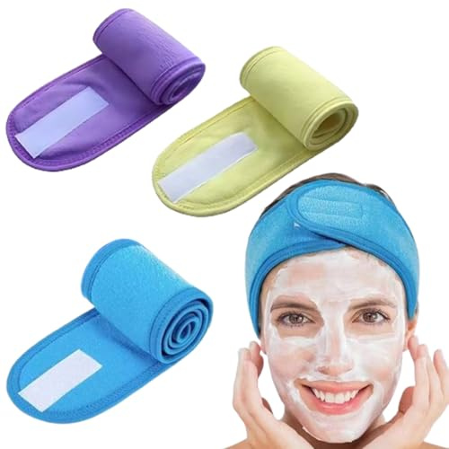 3Pcs Kosmetik Haarband, Spa Kosmetik Stirnband Frottee Haarband für Make Up Damen Sport Yoga kosmetische Behandlungen,Verstellbare Haarschutzband mit Klettverschluss(gelb blau lila)