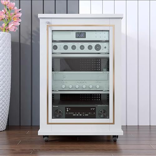 GUAWJRZDP Phonoschrank, Hi Fi Regal Mit Verstellbaren Regalen, Audio Rack Hi Fi Regalaus Holz mit Glastüren, Kabelmanagement, Hi Fi Rack for Videomedienständer(Wit,3-Tier)