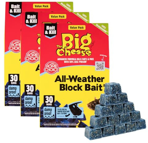 The Big Cheese All-Weather Bait Block Multi Pack x3-30 x 10g, Pest Control Product - Rat Killer For Mouse Traps, Damp-Proof, Weather-Resistant - Super Strength Rat Poisoning, Pet Safe