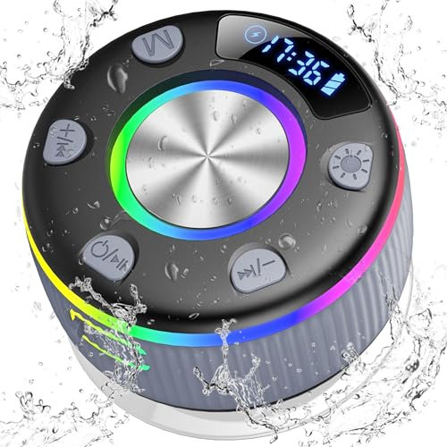PRSCFUM Cassa Doccia Bluetooth 5.3, Cassa Bluetooth Doccia con Luce RGB, IP7 Impermeabile Speaker con Ventosa, 8 Ore Stereo USB-C, Altoparlante Bluetooth Portatile per Bagno Piscina Feste, Grigio