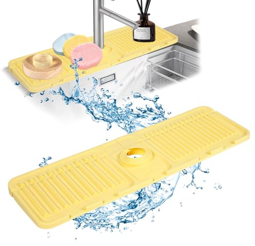 Kitlers Faucet Mat for Kitchen Sink, Silicone Splash Guard and Sink Protectors, Faucet Draining Mat Fast Drying, Handle Drip Catcher Tray for Kitchen Bathroom Sink (Yellow)