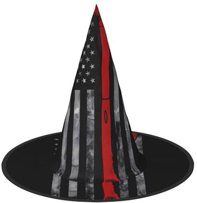 Sombrero de bruja con bandera de línea roja de hacha de bombero para adultos, accesorio de disfraz festivo para fiestas, bailes de máscaras, cosplay y carnaval