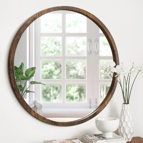 JJUUYOU Großer runder Spiegel, kreisförmig, Wandmontage, Holzrahmen, Vintage-Spiegel für Wohnzimmer, Badezimmer, Schlafzimmer, Eingangsbereich, rustikales Braun