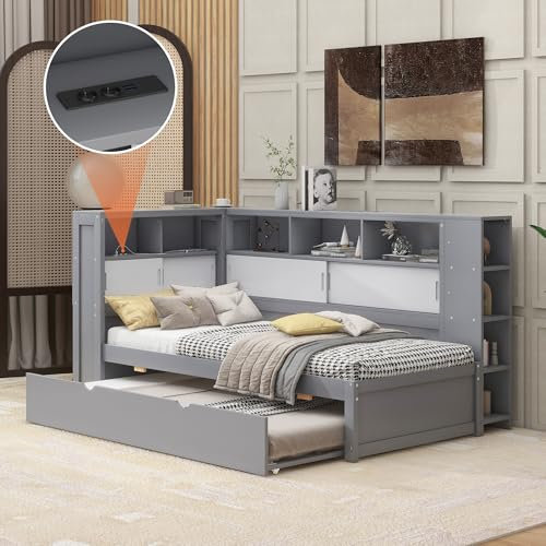 Generisch Daybett 90x200 cm mit Ausziehbett, Stauraum, USB-Ladeanschluss, Kinderbett aus Spanplatte & MDF, für Gäste und Familien, Schlafsofa in Grau/Weiß, ohne Matratze, vielseitig und funktional.