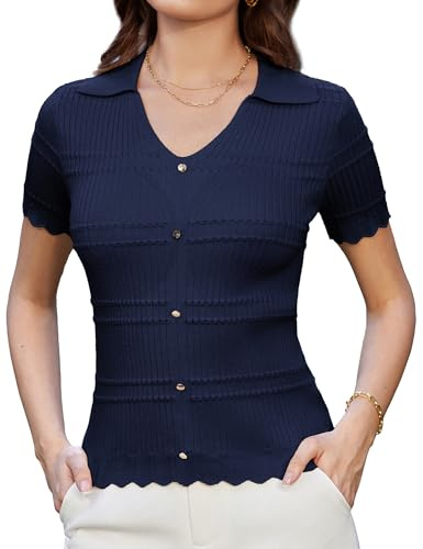 GRACE KARIN kortärmad polotröja för kvinnor V-ringad stickad jumper elegant pullover lätt tröja t-shirt, marinblå, L