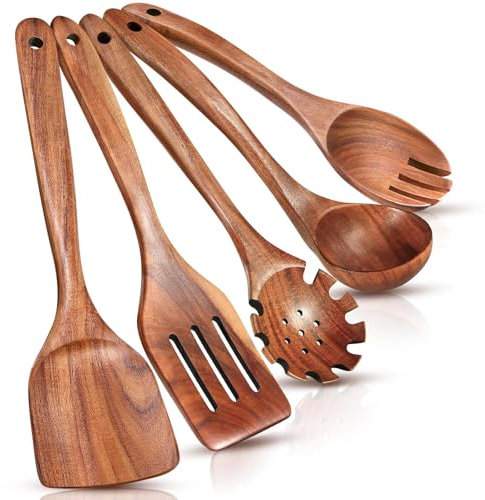 Set Di 5 Cucchiai In Legno Per Cucinare, Set Di Utensili Da Cucina In Legno Con Mestolo Da Zuppa E Spatole Wok, Forchetta Da Insalata, Cucchiaio Per Tagliatelle, Set Di Utensili Da Cucina Antiaderenti