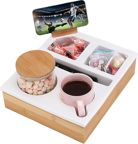 Yuehuamech Couch Becherhalter Tablett Silikon Holz Couch Tablett Caddy mit drehbarer Handyhalterung Sofatablett Couch Bar Snackbox für Snacks Getränkemagazin Fernbedienung Sofa Bett Autositz RV