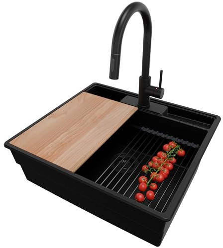 PRIMAGRAN Fregadero Granito Todo Negro 58x53cm, Cocina 1 Seno + Grifo 40x20cm + Sifón + Accesorios, Sobre encimera al mueble 60cm - New York S032