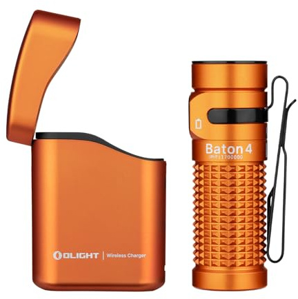 OLIGHT Baton4 Kit 1.300 Lumen, LED-Taschenlampe, magnetisch, wiederaufladbar, mit Typ-C-Ladekoffer und intelligenter Anzeige, EDC-Taschenlampe für Außen, Drinnen und Suchen (Orange)