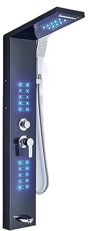 Set miscelatore termostatico per doccia, pannello doccia a cascata con LED, miscelatore a doppia maniglia, colonna doccia idromassaggio, montaggio a parete, finitura nera opaca