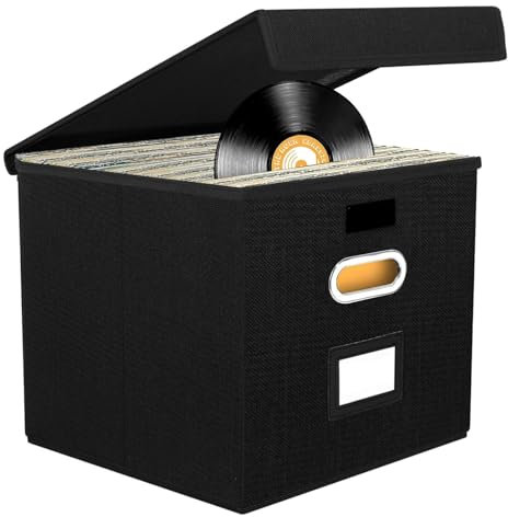 12-inch Vinyl Record Storage Box with Lid & Handles, Nylon Stackable & Collapsible LP Storage Boxes Holds up to 90+ Single Records, CD Storage Organizer Case for Valuable Album, CDs, Files Collection
