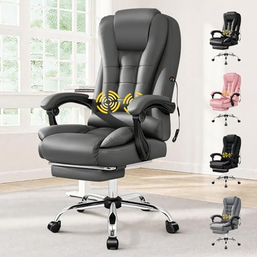 ALFORDSON Ergonomischer Bürostuhl Chefsessel Massage, Schreibtischstuhl Ausziehbare Fußstütze,Computerstuhl Rückenlehne 90-150° neigbar,höhenverstellbarer Drehstuhl,Besprechungsstuhl, PU-Leder, Grau