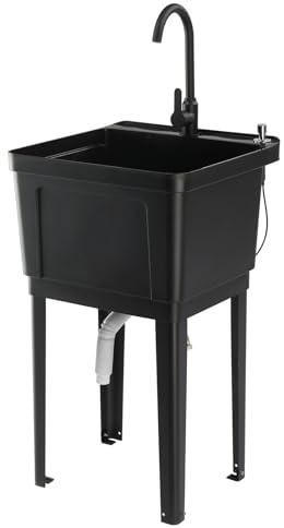 ROVSUN 21-Gallon Plastic Utility Sink, Freestanding Sink with Hot&Cold Faucet, Soap Dispenser, Drain Plug and Iron Legs, Perfect for Laundry Room, Garage, Black, 19.7L×18.9W×33.1H