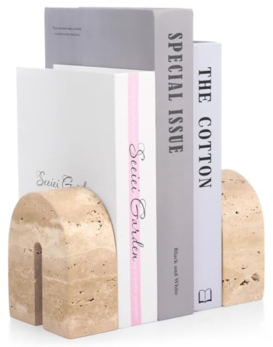 2 Stück Luxus Travertin Buchstützen, Solide Dekorative Buchends für Schwere Bücher, Robuste Buchhalter für Regale, Einzigartige Bücherregal-Dekorationen für Zuhause, Büro