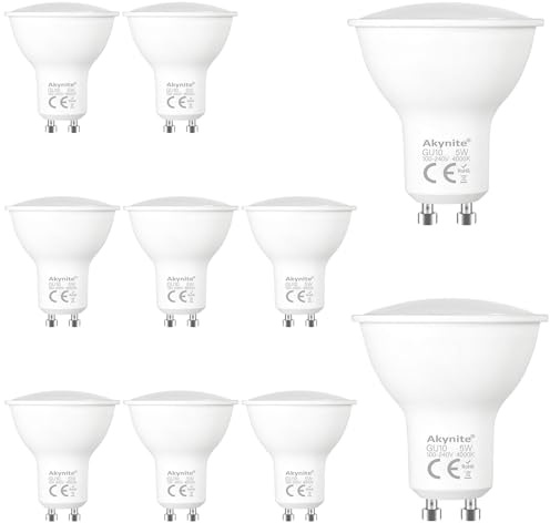 Akynite Leuchtmittel GU10 LED 5W Warmweiß 2700K 500LM, 120 Grad, AC 230V, 50mm MR16 GU10 50W Halogen ersatz, Nicht Dimmbar, LED Einbaustrahler 50 mm Warmweiss 220V für Küche Korridor, 10er-Set