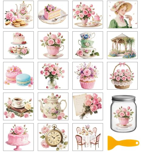 GLOBLELAND 18 Blatt Nachmittagstee Transferfolien Rosa Pfingstrosen Blumen Wasserfest UV DTF Cup Wraps Aufkleber 3.9x3.6 Zoll Teetassen Transferaufkleber Für Wasserglasflaschen Vasen Bastelarbeiten