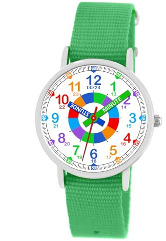 Brecjon Kinder Armbanduhr Jungen Lernuhr Einschulung Textil Armband analog Quarz grün 6503