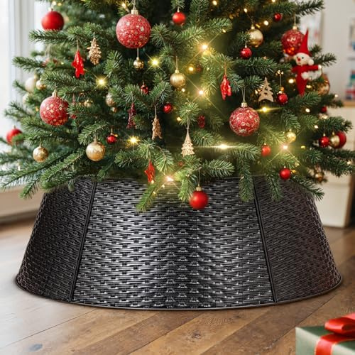 Lanpn Metall Weihnachtsbaum Kragen 70cm, Weihnachtsbaum Halsband Christmas Tree Collar Für Mittelgröße M Wetterfest Für Kunstbäume Innen Außen - Weihnachtsdekoration (Schwarz, Horizontales Weben)