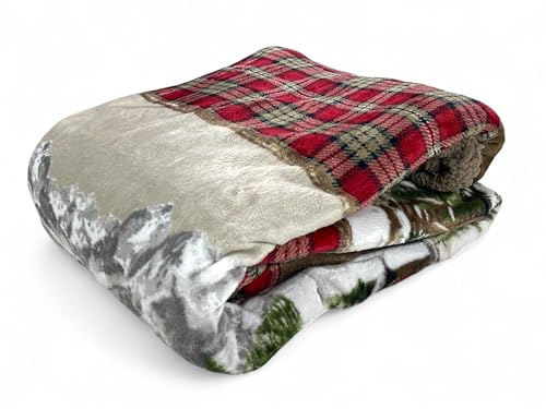 Tex family Plaid Sherpa Chalet – Coperta Invernale Morbida in Pile Agnellato Stile Tirolese – Stampa Cervi e Montagna, Retro Tortora - matrimoniale Cm. 210x240