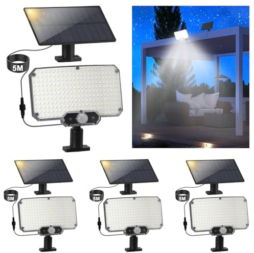 ISOISL 4x Solarlampen für Außen mit Bewegungsmelder 270° IP65 Solar strahler mit Fernbedienung | Separates Solarpanel mit 5m Kabel | 3 Modi Solarlampe Für Außen,Haus,Garten,Terrasse,Garage