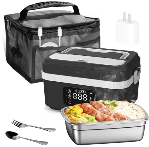 HAMON Tragbare Elektrische Lunchbox,1L Wiederaufladbar Selbstheizender Speisenwärmer mit Time,Isoliertasche Lunchbox für Erwachsene,Eheizbare Brotdose für Baustellen,Picknick,Büros(Black and white)