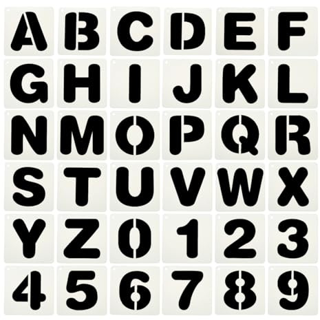 PATIKIL 2.5cm/ 1 Stencil Lettere e Numeri, 36Pz Quadrati Riutilizzabili Stencil per Pittura per Personalizzato Dipingere Pareti Legno Tessuto Segnaletica, Stile Lettere Maiuscole