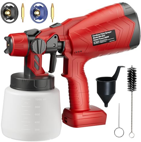 Akku Farbsprühsystem für Milwaukee 18V M18, Kabellose Sprühpistole mit 2 Düsen und 1L Tank, ohne Akku, für Holz/Möbel/Geländer
