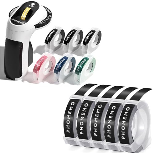 Phomemo Etikettiergerät mit 11 Etikettenband, 3D Prägegerät E975, Tragbarer Beschriftungsgerät, Schwarz Etikettenprägegerät, Ergonomisches Design, für Haus