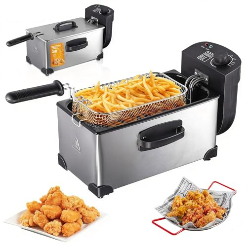 Freidora eléctrica de 2000 W, freidora de aceite 3L, termostato ajustable y temporizador de 60 minutos, seguridad anti-calentamiento, construcción de acero inoxidable, ideal para patatas fritas
