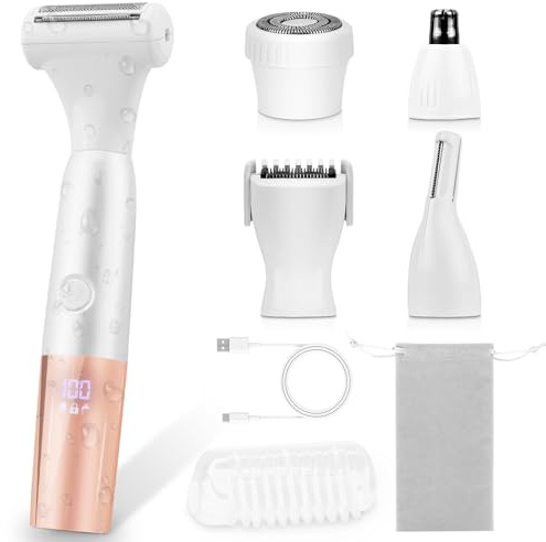 iToncs 5-i-1 bikini trimmer, trådlös rakapparat, elektrisk intim rakapparat för kvinnor, IPX7 vattentät och LCD-skärm, kvinnors rakapparat intimt område elektrisk för ansikte bikini armhålor ben