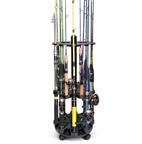 Upvera Support Canne à Pêche pour 16 Cannes, Rangement Canne à Pêche Rotatif à 360° avec Clips en Mousse EVA (Anti-Rayures), Râtelier Canne à Pêche Vertical en ABS Robuste pour Garage & Maison