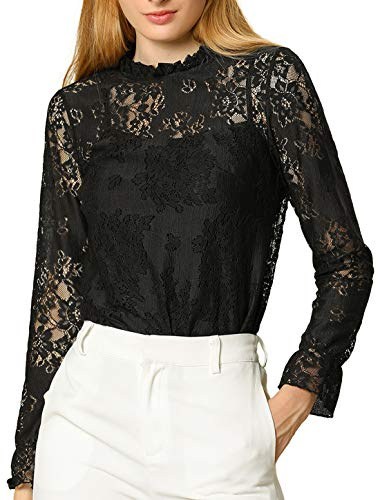 Allegra K Blusa de Encaje Elegante Floral con Cuello de Volantes de Ganchillo para Mujer Negro L