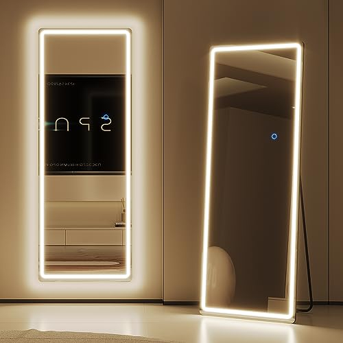 LVSOMT Espejo de pie Cuerpo Entero con luz, 153x50cm Espejo de pie Grande, LED Espejos de Cuerpo Entero Pared Rectangular, Espejo Cuerpo Entero Pared LED, Espejo Pared Vestidor, Dormitorio, Blanco
