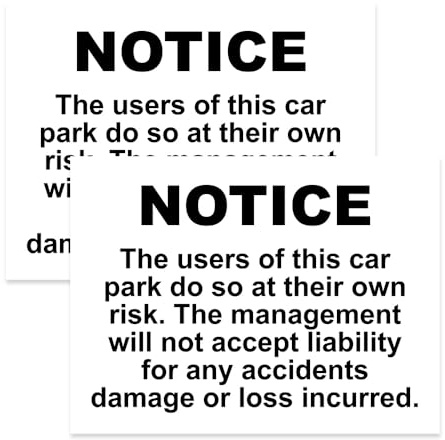 RDLCAR Car Park Liability Disclaimer Signs 1mm Thick PVC Pack of 2 Durable Landscape 300mm x 400mm Warning Signage for Public Parking