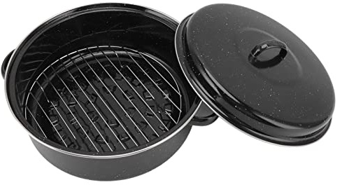QANYEGN Asador Redondo con Tapa Y Estante, Antiadherente Olla De Hierro Fundido, Multiusos Asadera, Sartén De Hierro Fundido, para Pavo Batatas, Castañas(Los 28cm)