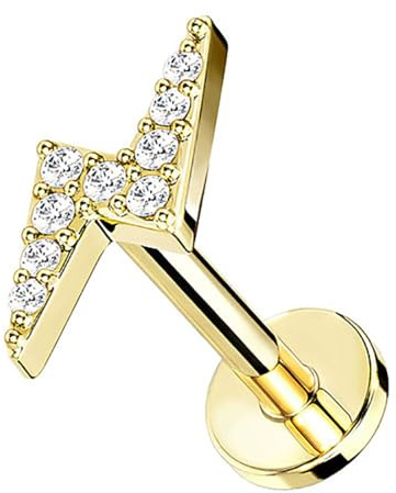 Taffstyle Piercing Stab Stecker Ohrpiercing Cartilage Ohr Tragus Helix Stud Lippe Labret Lippenpiercing Knorpel Barbell Ohrring Platte Glitzer Strass Blitz Kristall 8mm Gold